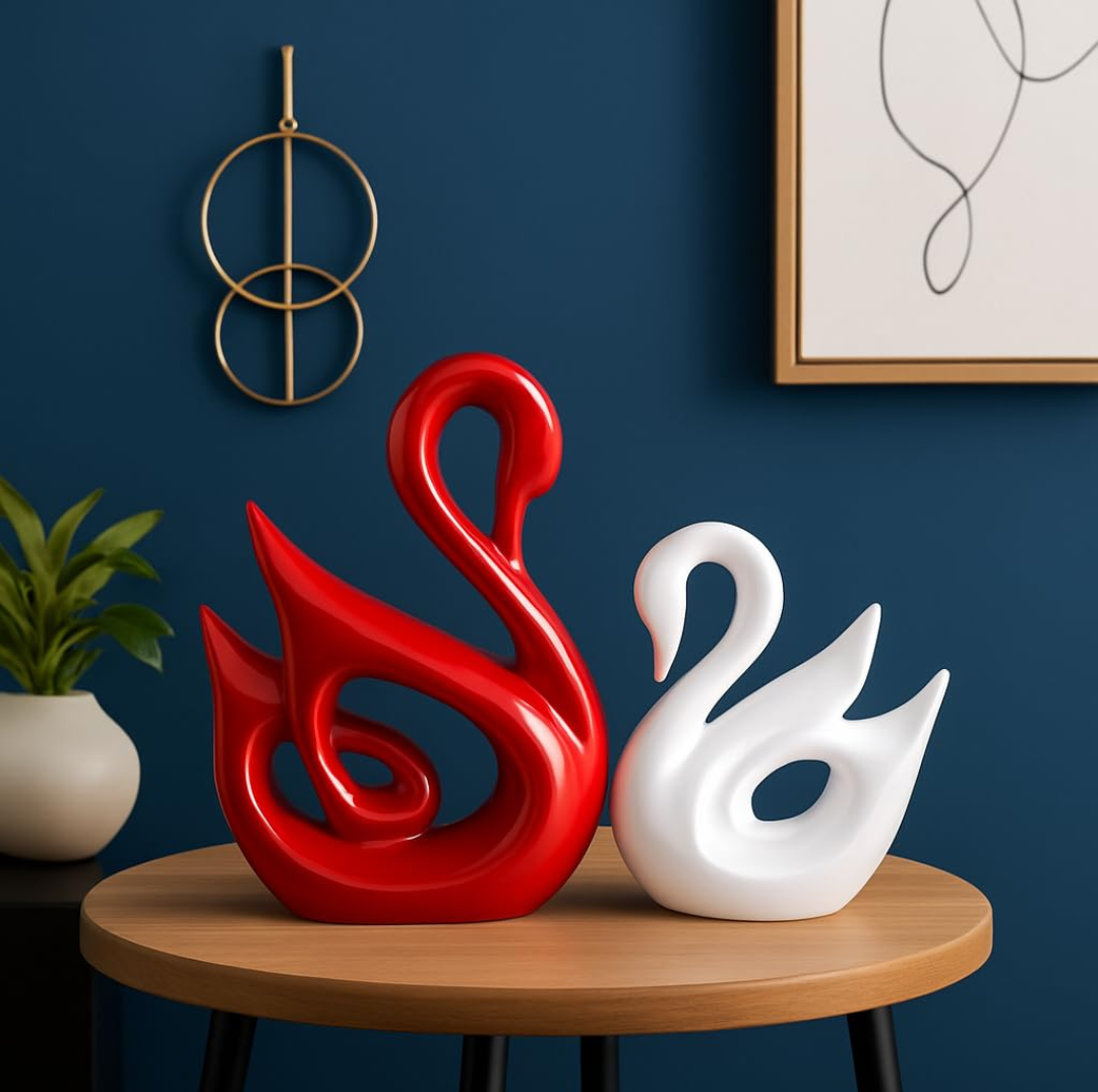 Elegant Swan Couple Ceramic Showpiece - Red & White