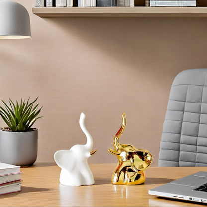 Elegant Ceramic Elephant Figurines- White & Gold Finish