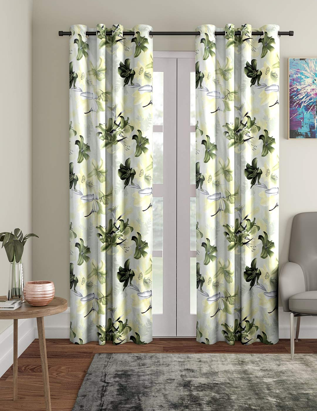 Elegant Green Floral Printed Eyelet Curtain