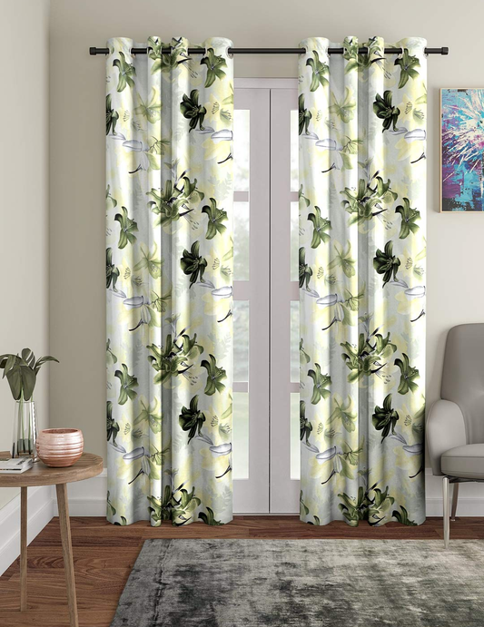 Elegant Green Floral Printed Eyelet Curtain