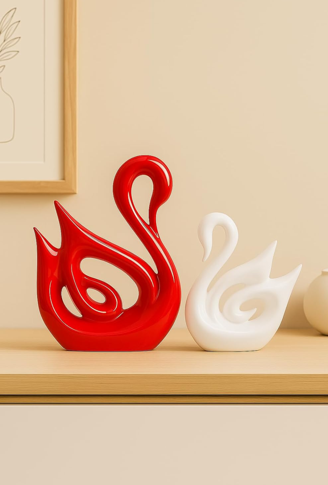 Elegant Swan Couple Ceramic Showpiece - Red & White