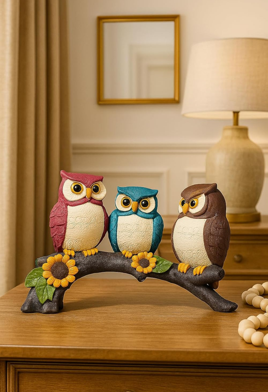 Colourful Owl Trio on Branch Showpiece