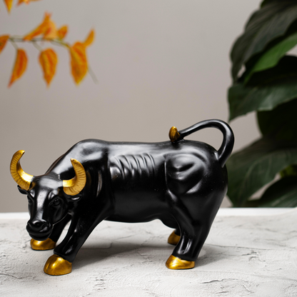 Elegant Black Bull Figurine With Golden Accents