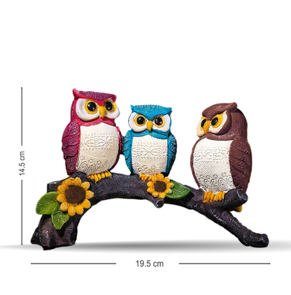 Colourful Owl Trio on Branch Showpiece