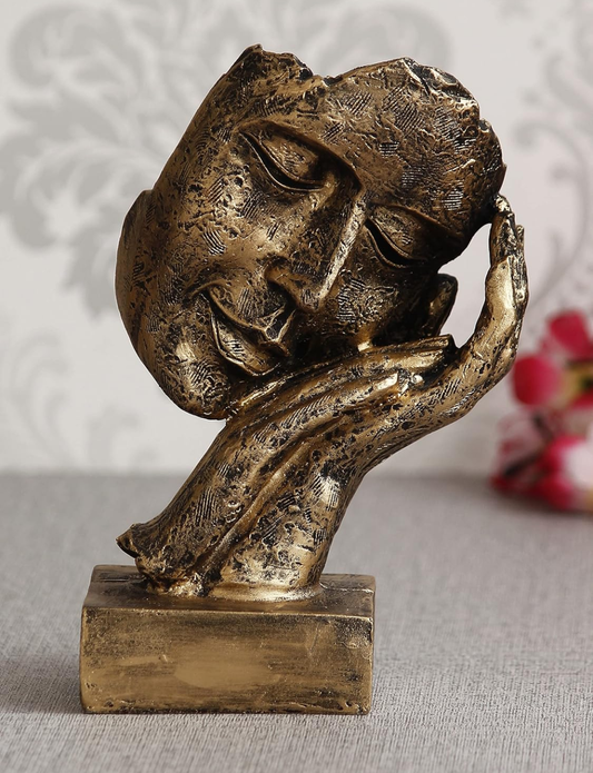 Antique Brass Finish Face-in-Hand Thinking Sculpture