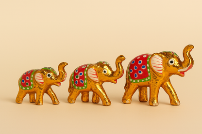 Golden Rajasthani Elephant Figurine Set- Handpainted (Set of 3)