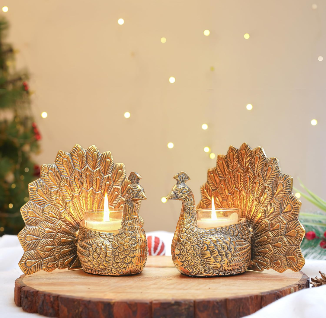 Golden Peacock Tealight Candle Holders- Set of 2