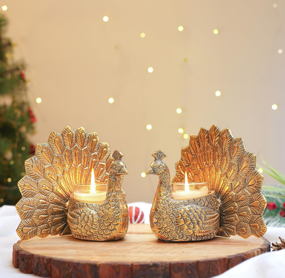 Golden Peacock Tealight Candle Holders- Set of 2