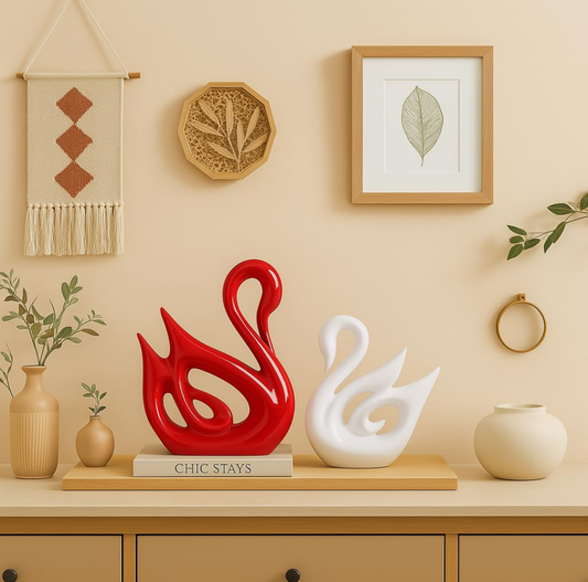 Elegant Swan Couple Ceramic Showpiece - Red & White