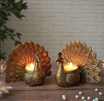 Golden Peacock Tealight Candle Holders- Set of 2