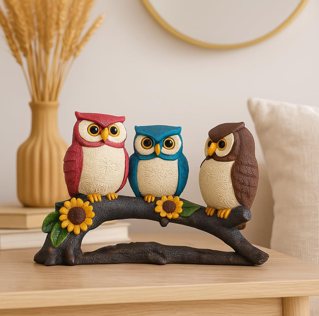 Colourful Owl Trio on Branch Showpiece