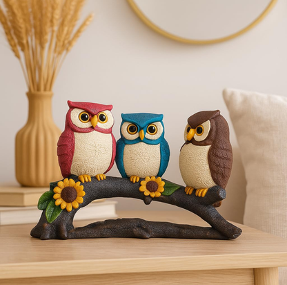 Colourful Owl Trio on Branch Showpiece