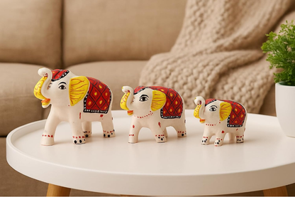 Hand-Painted Elephant Figurine Set-Traditional Rajasthani Art (Set of 3)