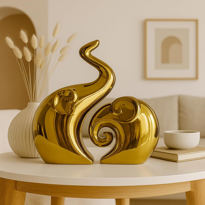 Golden Abstract Elephant Couple Showpiece