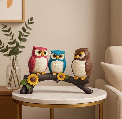 Colourful Owl Trio on Branch Showpiece