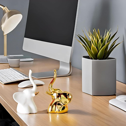 Elegant Ceramic Elephant Figurines- White & Gold Finish