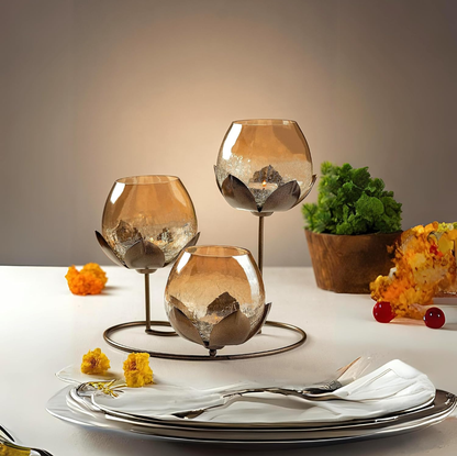 Elegant Amber Glass Lotus Tealight Holder Set