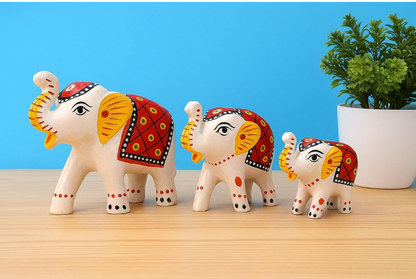 Hand-Painted Elephant Figurine Set-Traditional Rajasthani Art (Set of 3)
