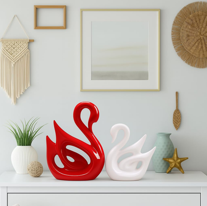 Elegant Swan Couple Ceramic Showpiece - Red & White