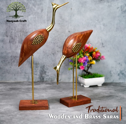 Elegant Wooden & Brass Crane Figurine Set