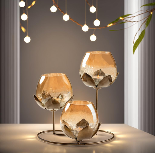Elegant Amber Glass Lotus Tealight Holder Set