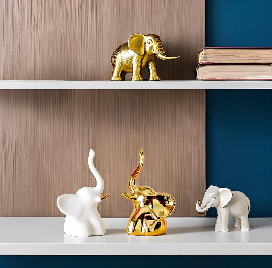 Elegant Ceramic Elephant Figurines- White & Gold Finish