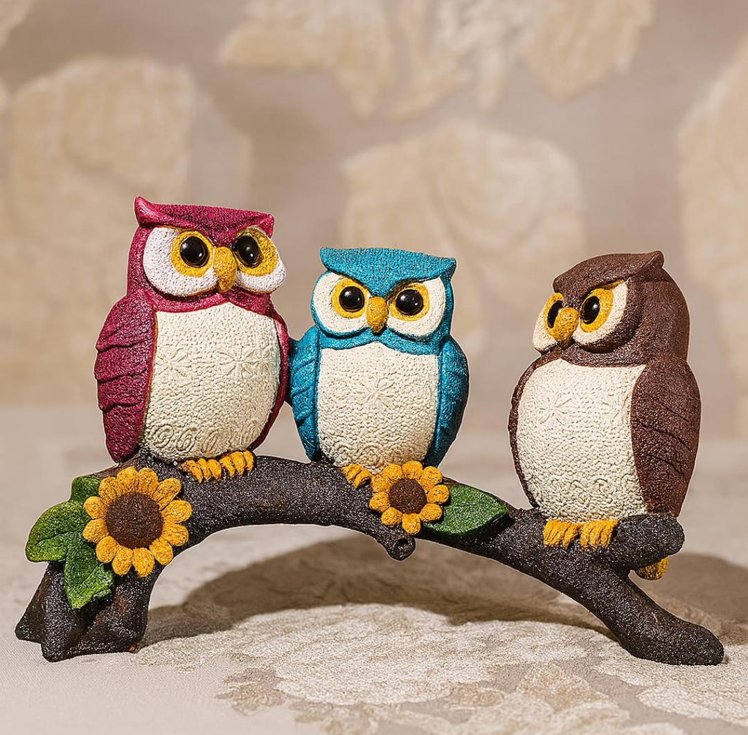 Colourful Owl Trio on Branch Showpiece