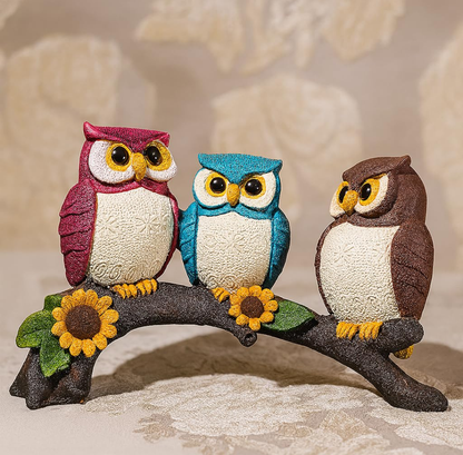 Colourful Owl Trio on Branch Showpiece