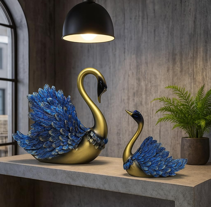 Elegant Blue Swan Couple Showpiece