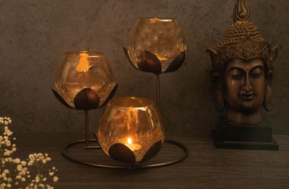 Elegant Amber Glass Lotus Tealight Holder Set
