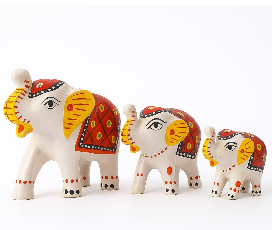 Hand-Painted Elephant Figurine Set-Traditional Rajasthani Art (Set of 3)