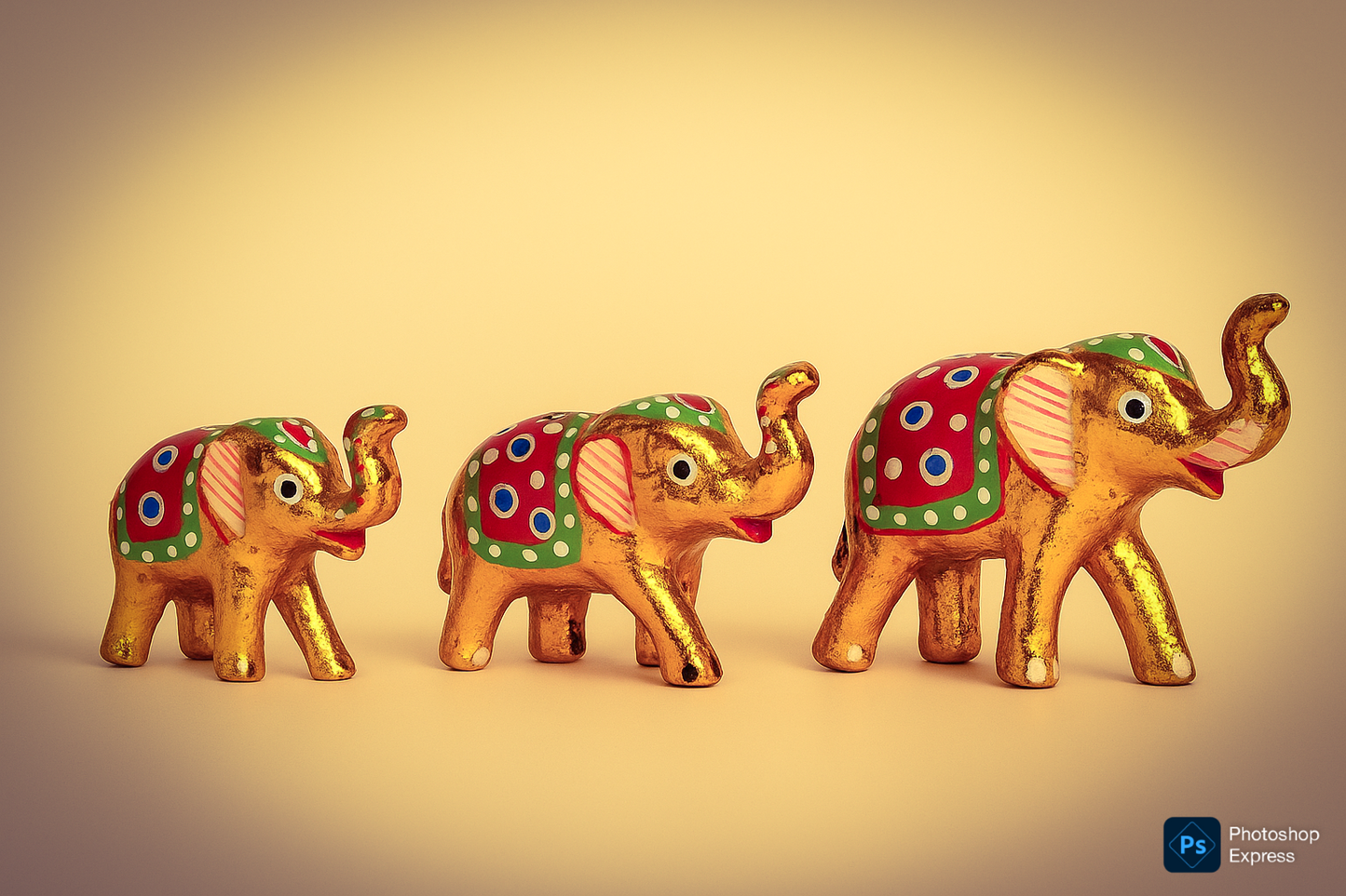 Golden Rajasthani Elephant Figurine Set- Handpainted (Set of 3)
