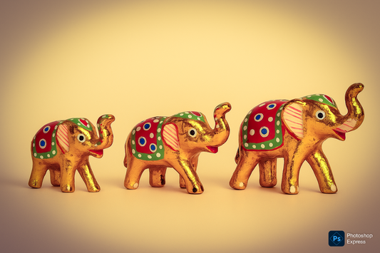 Golden Rajasthani Elephant Figurine Set- Handpainted (Set of 3)