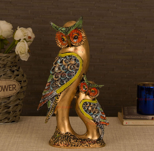 Golden Owl Duo Figurine - Hand - painted Decorative Showpiece