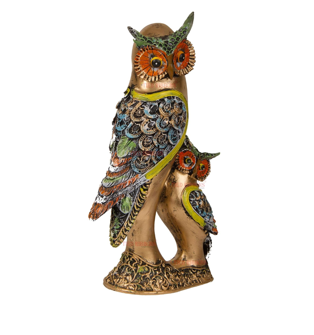 Golden Owl Duo Figurine - Hand - painted Decorative Showpiece