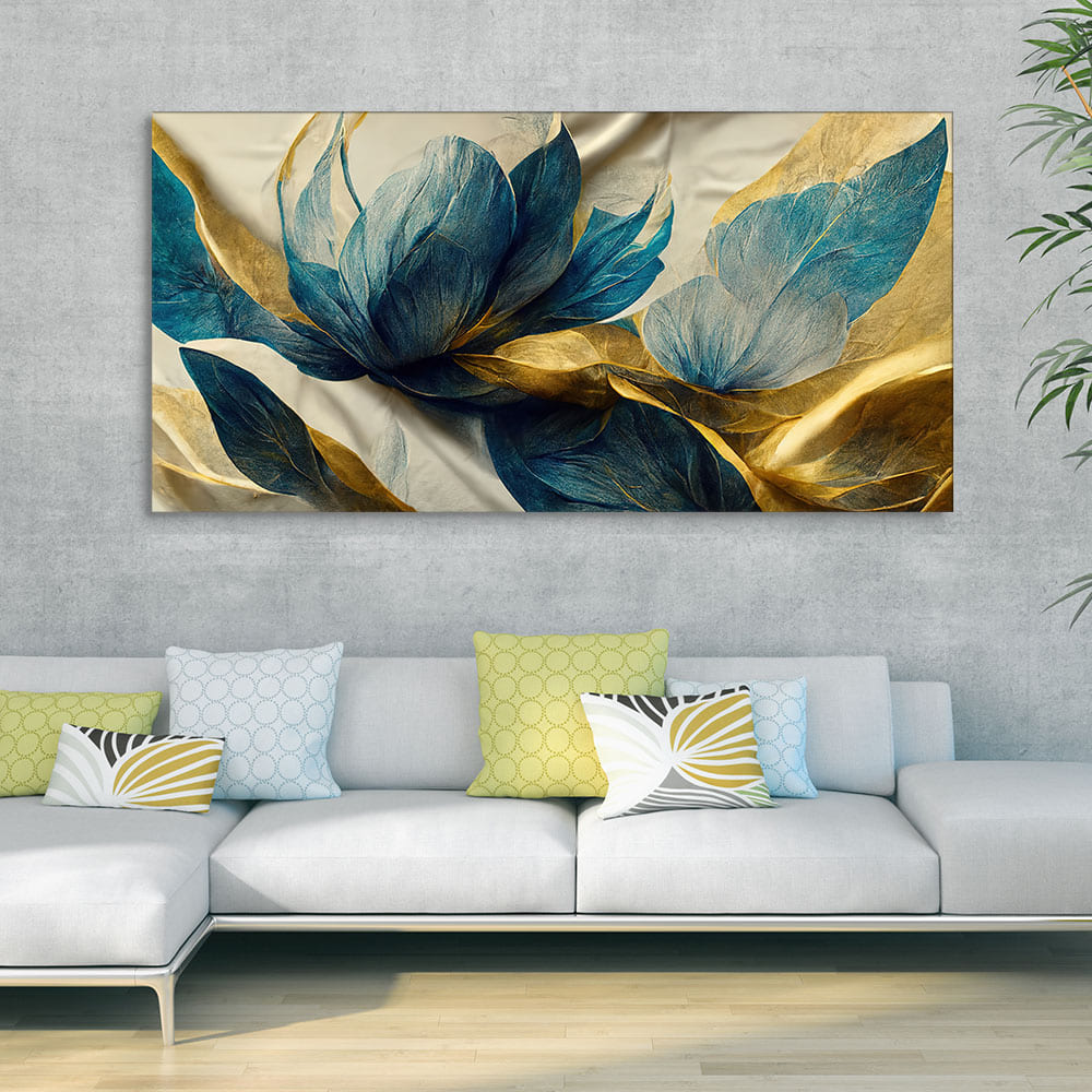 Elegant Blue & Gold Floral Canvas Wall Art