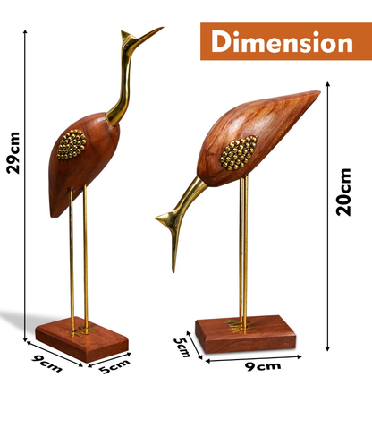 Elegant Wooden & Brass Crane Figurine Set