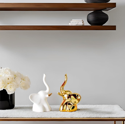 Elegant Ceramic Elephant Figurines- White & Gold Finish