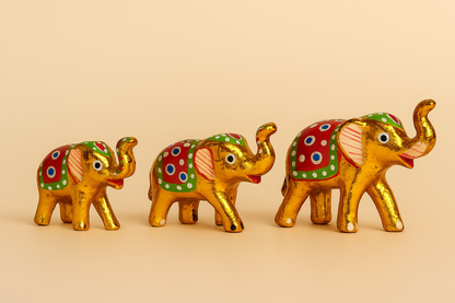 Golden Rajasthani Elephant Figurine Set- Handpainted (Set of 3)