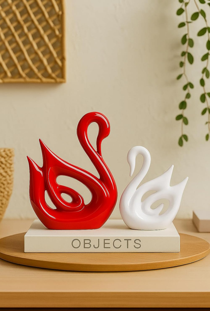 Elegant Swan Couple Ceramic Showpiece - Red & White