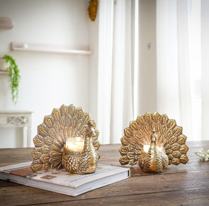 Golden Peacock Tealight Candle Holders- Set of 2