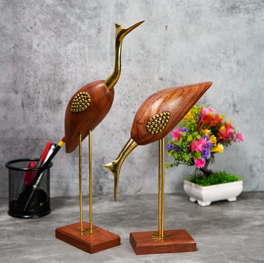 Elegant Wooden & Brass Crane Figurine Set