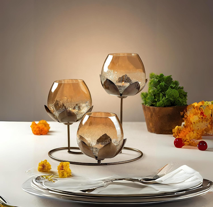Elegant Amber Glass Lotus Tealight Holder Set