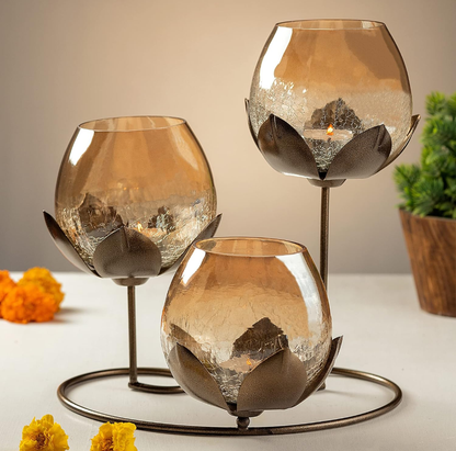 Elegant Amber Glass Lotus Tealight Holder Set